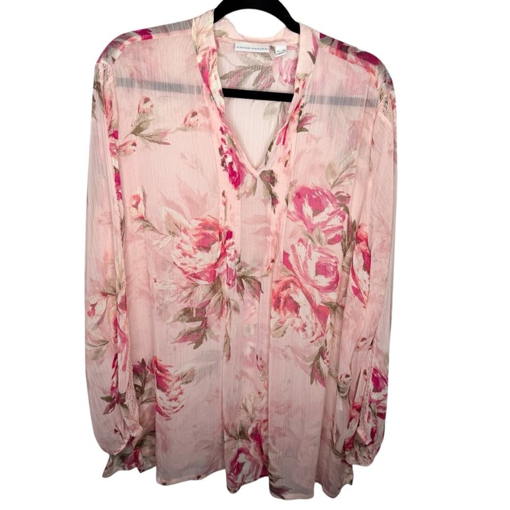 SUSAN GRAVER / pink floral chiffon semi sheer popover blouse top / XL